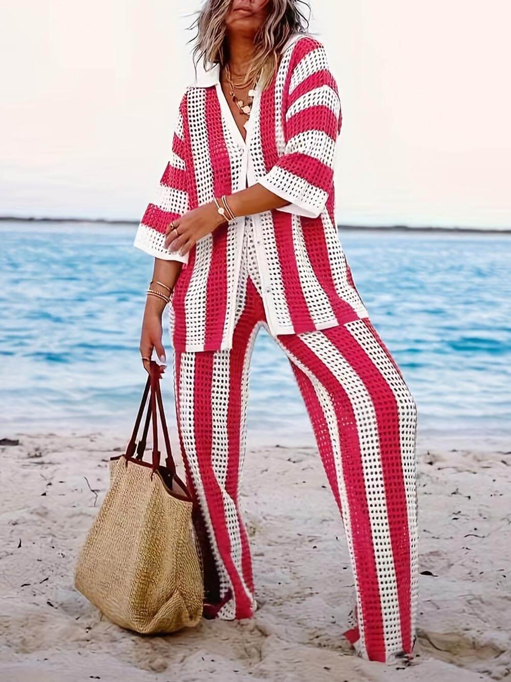 Eleanor - Striped Hollow Out Top And Pants Set