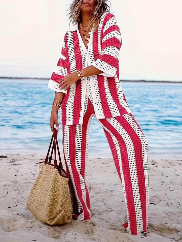 Eleanor - Striped Hollow Out Top And Pants Set
