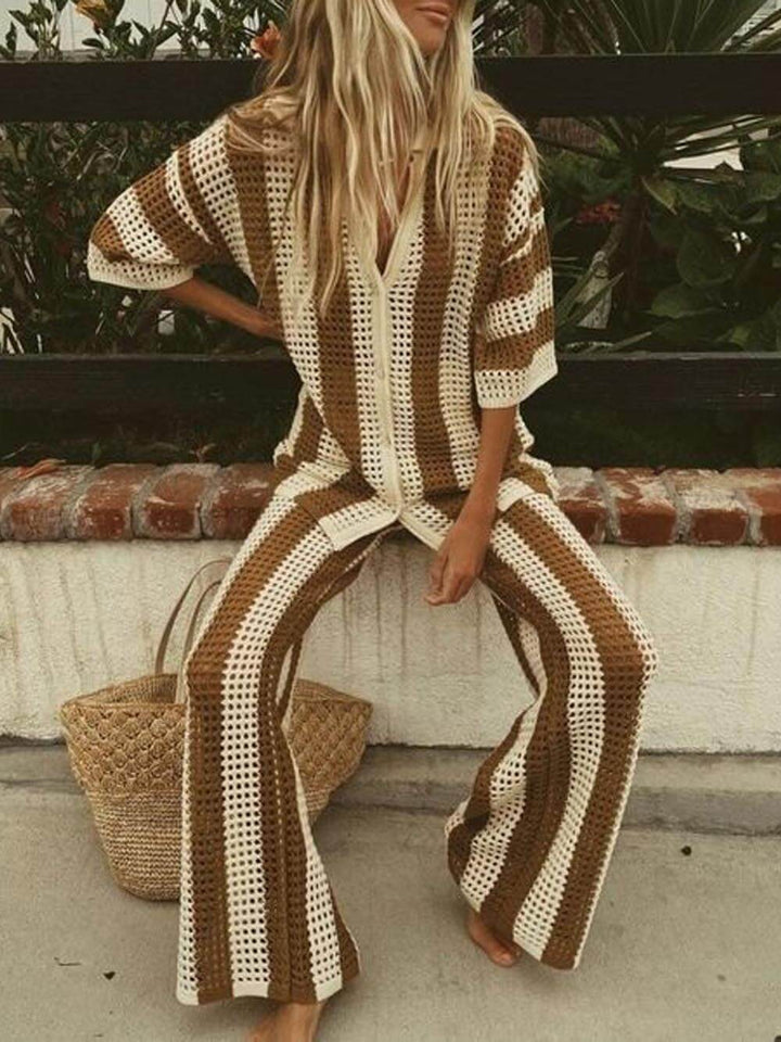 Eleanor - Striped Hollow Out Top And Pants Set