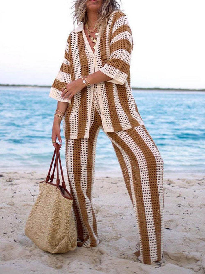 Eleanor - Striped Hollow Out Top And Pants Set