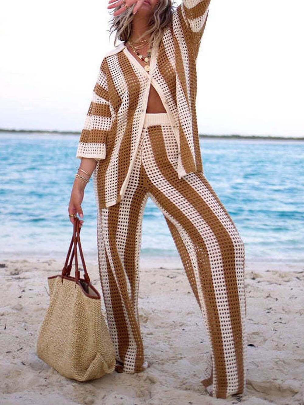 Eleanor - Striped Hollow Out Top And Pants Set
