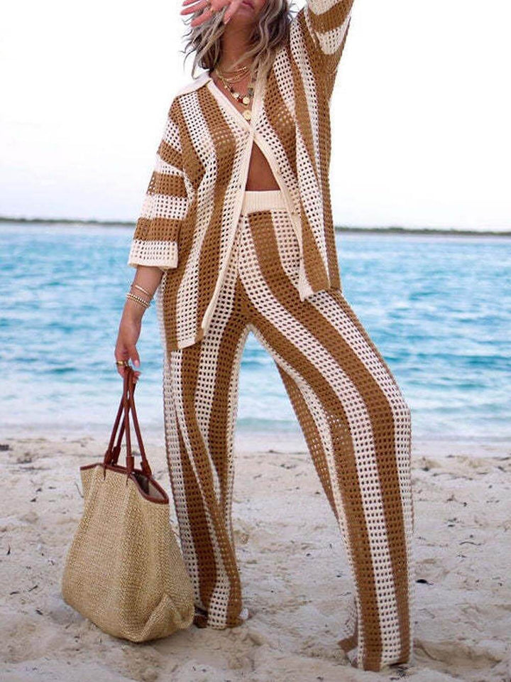 Eleanor - Striped Hollow Out Top And Pants Set