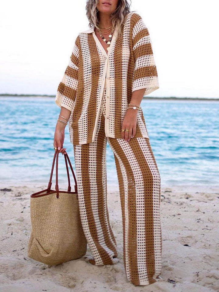 Eleanor - Striped Hollow Out Top And Pants Set