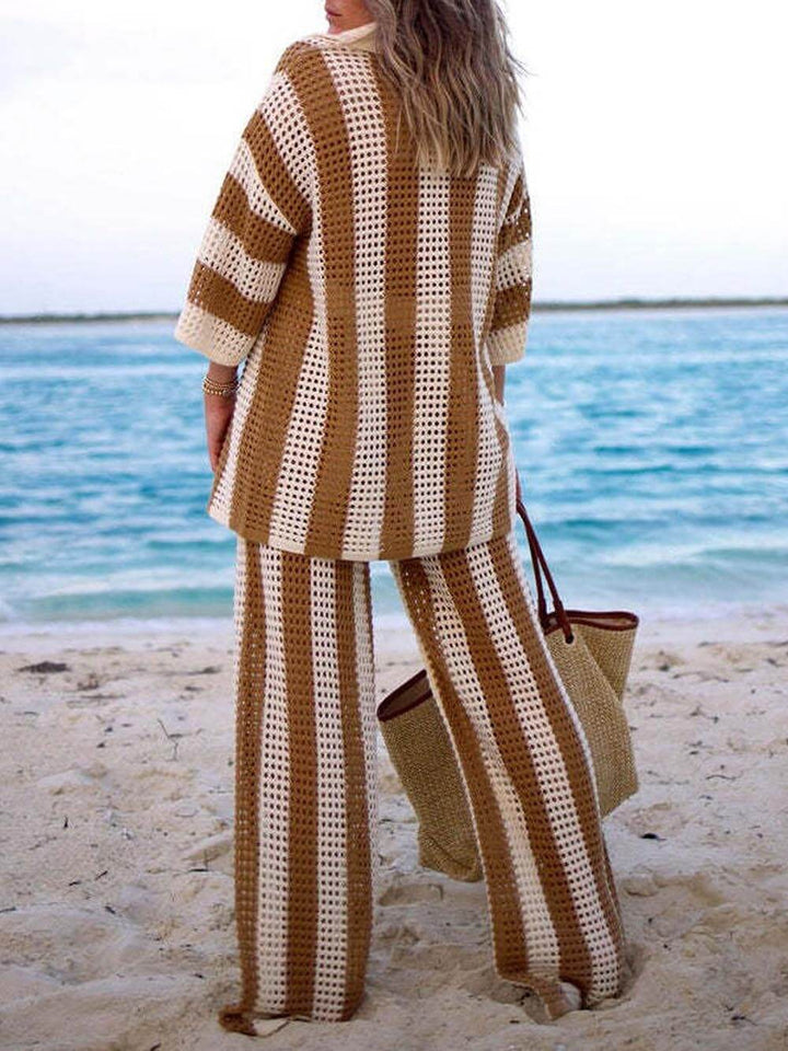 Eleanor - Striped Hollow Out Top And Pants Set
