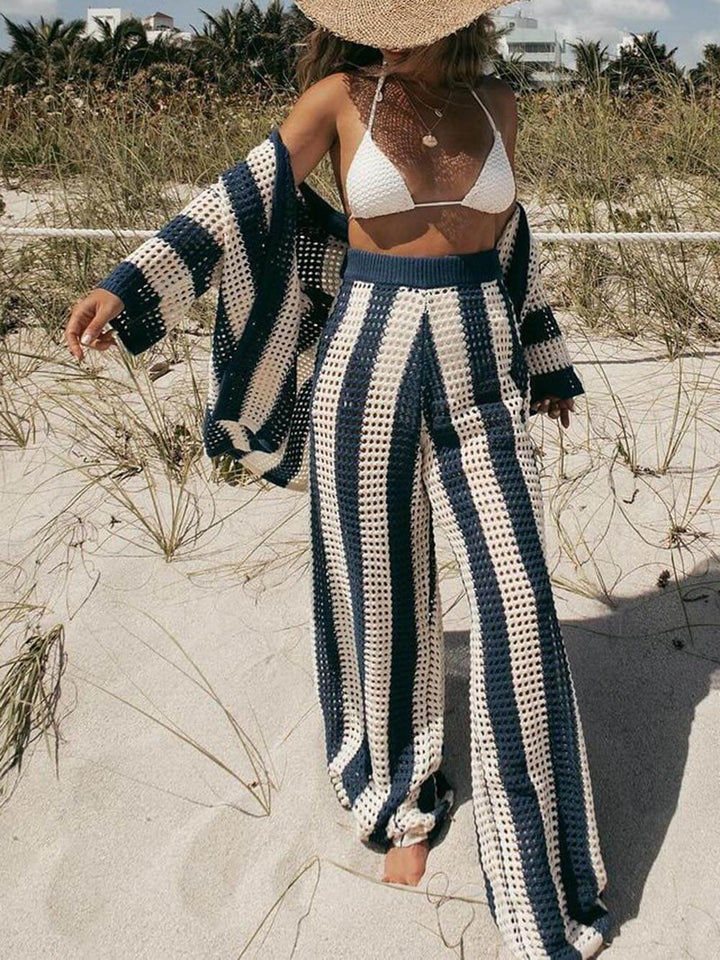 Eleanor - Striped Hollow Out Top And Pants Set