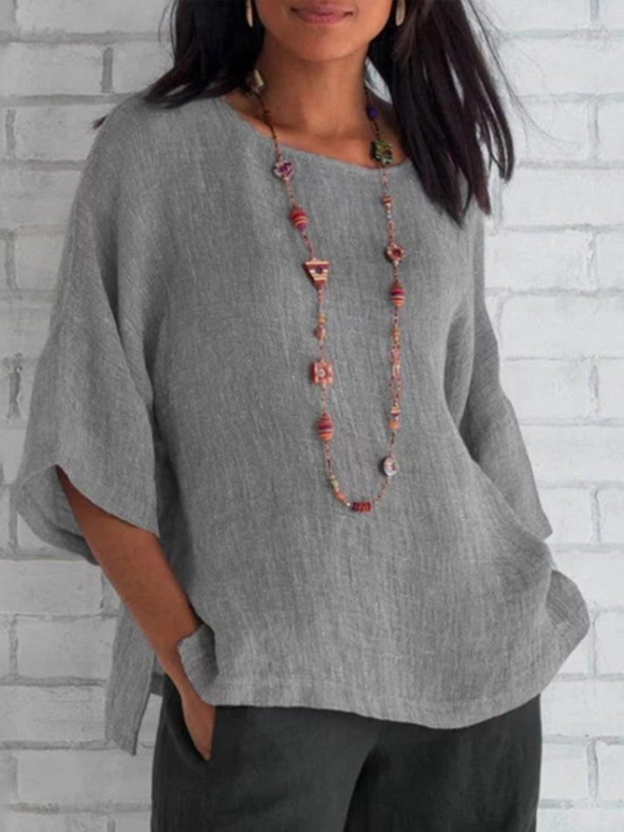 Mireille - Solid Color 3/4 Sleeve V-Neck Top