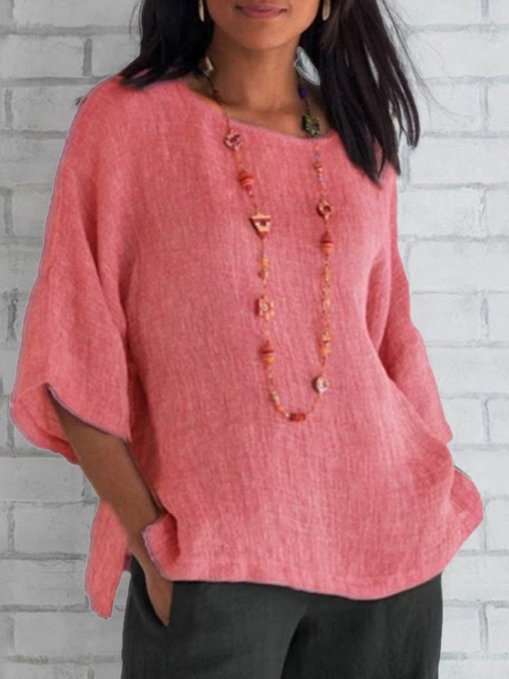 Mireille - Solid Color 3/4 Sleeve V-Neck Top