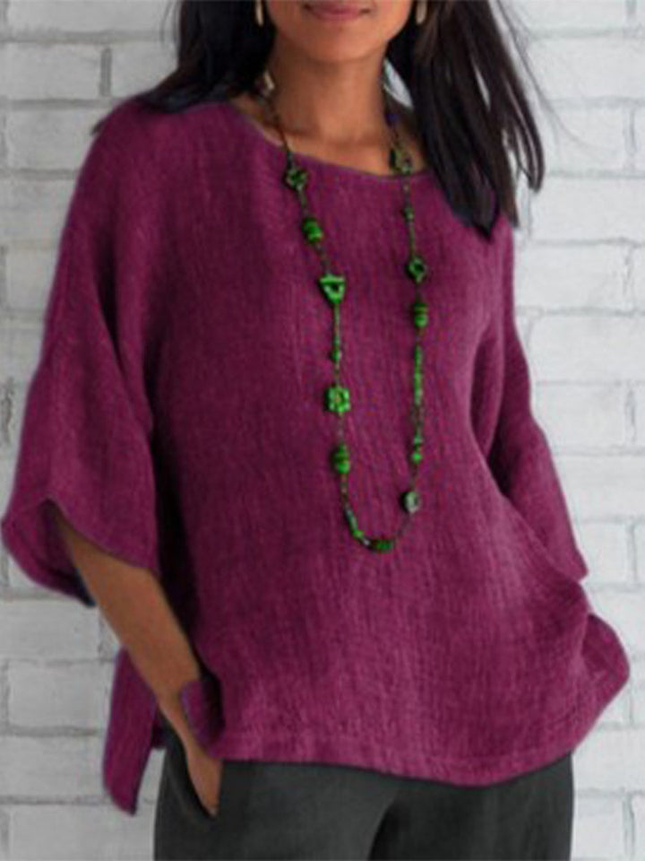 Mireille - Solid Color 3/4 Sleeve V-Neck Top