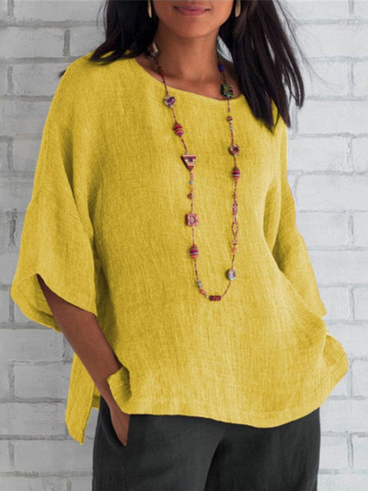Mireille - Solid Color 3/4 Sleeve V-Neck Top