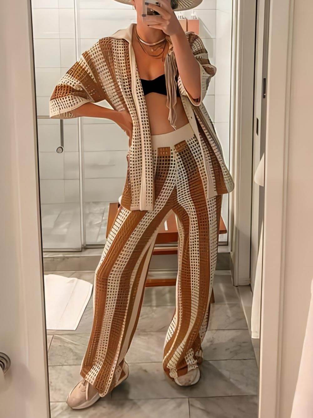 Eleanor - Striped Hollow Out Top And Pants Set