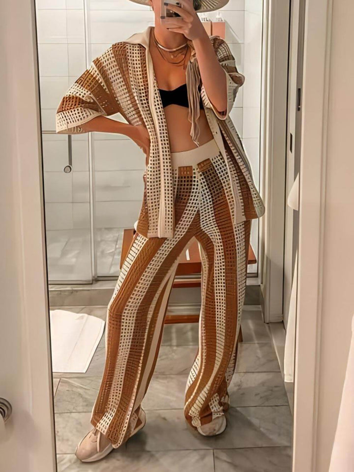 Eleanor - Striped Hollow Out Top And Pants Set