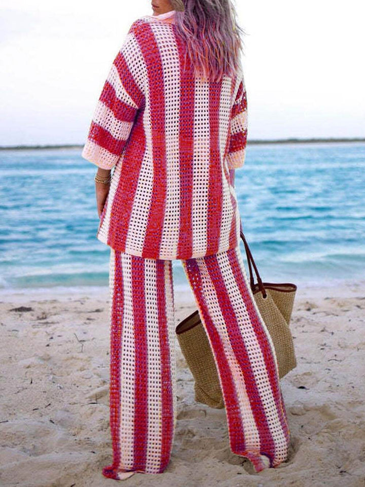 Eleanor - Striped Hollow Out Top And Pants Set