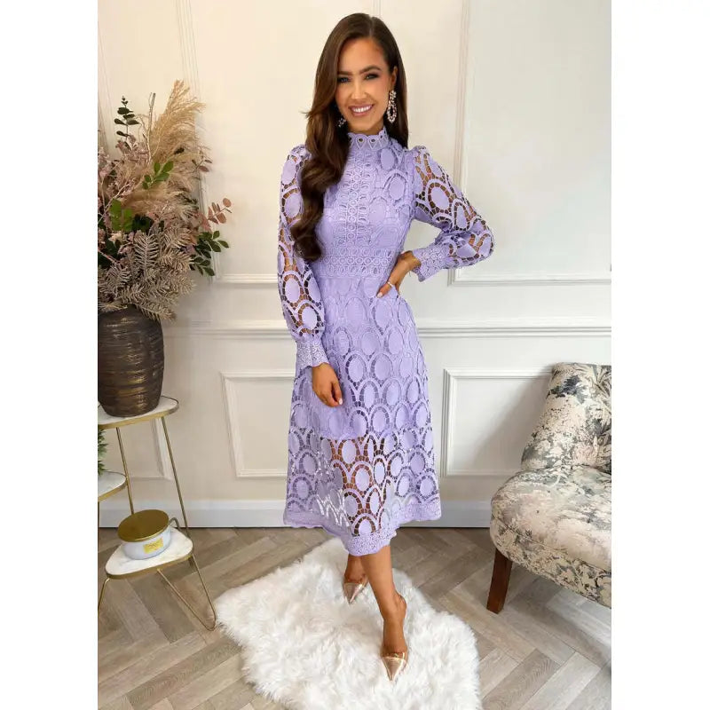 Edith - Elegant Puff Sleeves Dress with Lace Detail