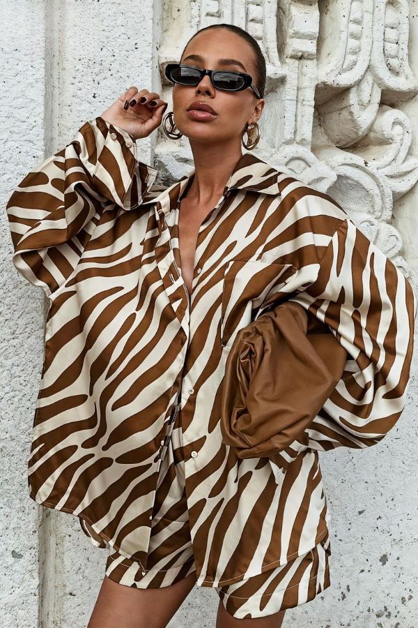 Talia - Leopard Print Long Sleeve Shirt and Short Set
