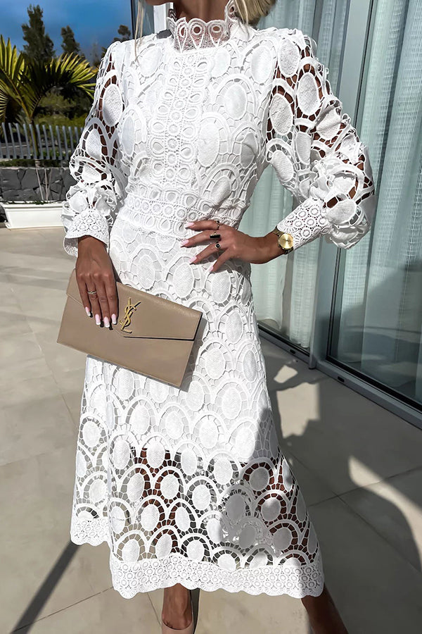 Edith - Elegant Puff Sleeves Dress with Lace Detail