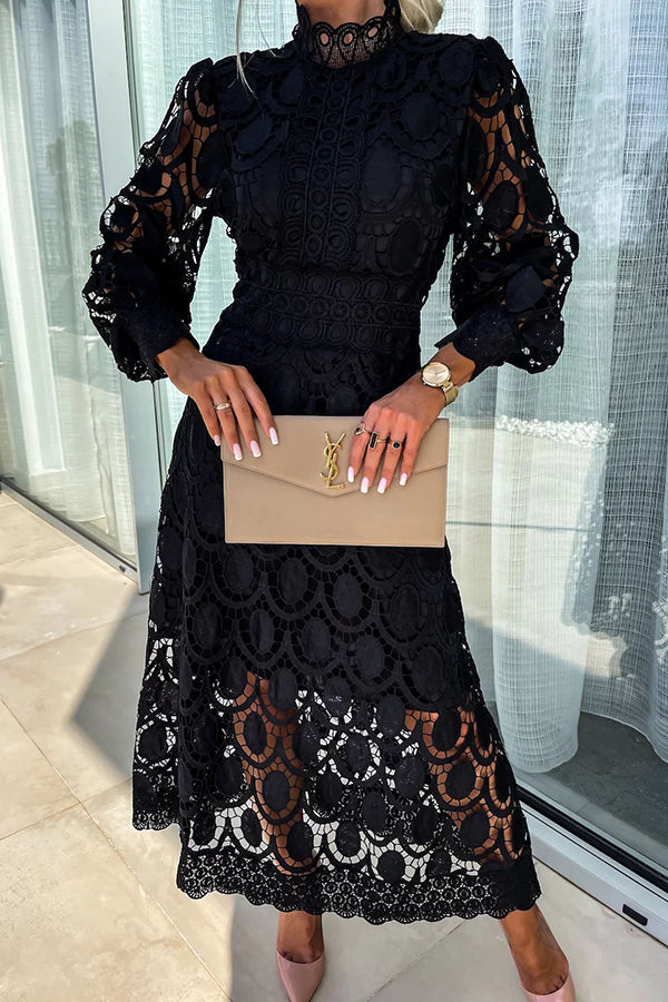 Edith - Elegant Puff Sleeves Dress with Lace Detail